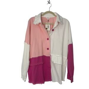 NEW Dance & Marvel Shacket Women M Pink White Colorblock Destructed Button Front